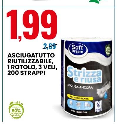 ASCIUGATUTTO RIUTILIZZABILE, 1 ROTOLO, 3 VELI, 200 STRAPPI
