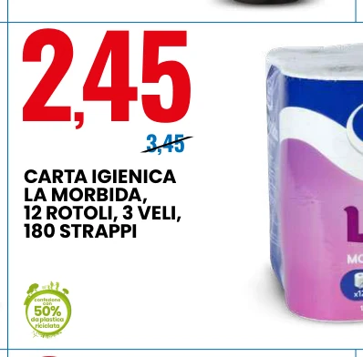 CARTA IGIENICA LA MORBIDA, 12 ROTOLI, 3 VELI, 180 STRAPPI