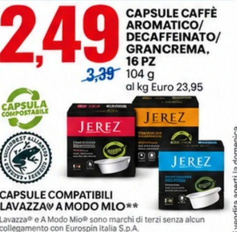 Capsule caffe aromatico, decaffeinato o gran crema 16 pezzi