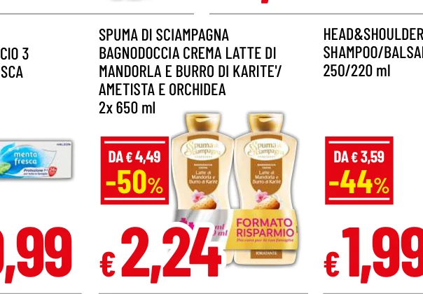 SPUMA DI SCIAMPAGNA BAGNODOCCIA CREMA LATTE DI MANDORLA E BURRO DI KARITE'/ AMETISTA E ORCHIDEA