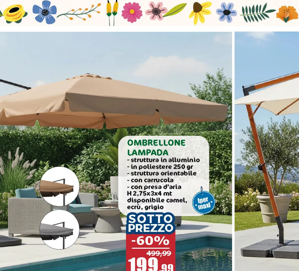 Ombrellone a Lampada con flap telo grigio 3x4 metri