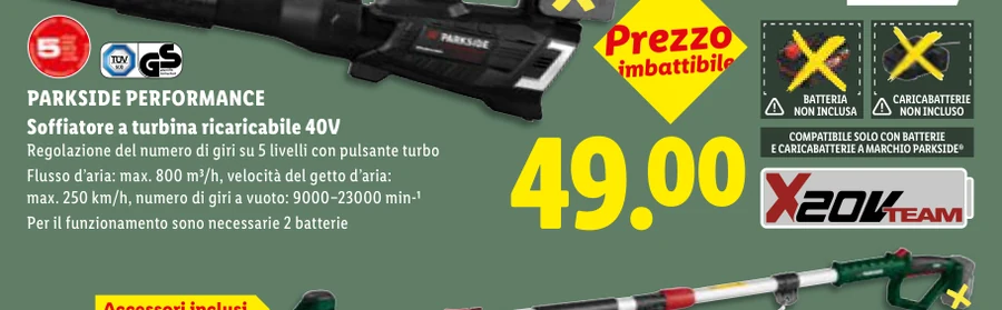 PERFORMANCE Soffiatore a turbina ricaricabile 40V - Parkside