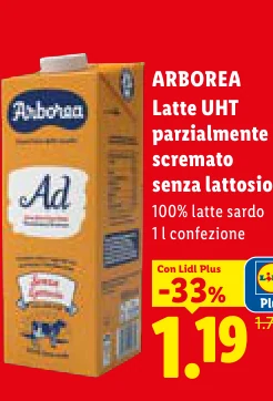 Latte UHT parzialmente scremato senza lattosio - Arborea