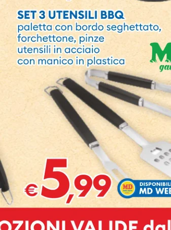 SET3UTENSILIBBQ palettaconbordoseghettato, forchettone,pinze utensili inacciaio conmanicoinplastica