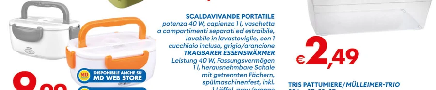 SCALDAVIVANDEPORTATILE potenza 40 w, capienza 1l, vaschetta acompartimentiseparatiedestraibile, lavabilein lavastoviglie,con1 cucchiaioincluso,grigio/arancione