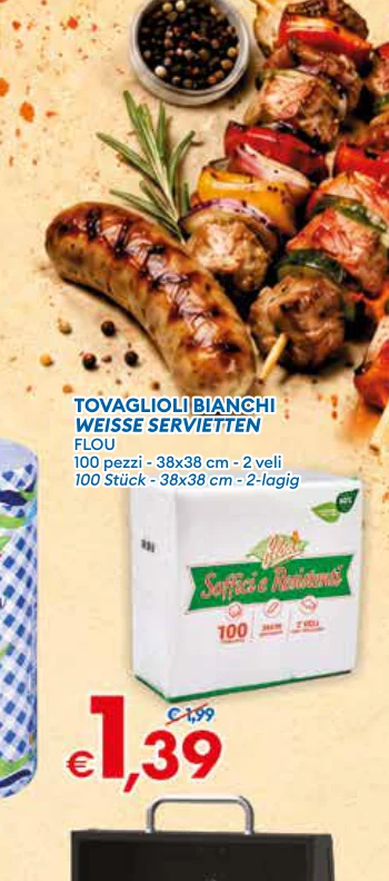 TOVAGLIOLI BIANCHI WEISSE SERVIETTEN FLOU 100pezzi-38x38cm-2veli 100 Stuck - 38x38 cm -2-lagig
