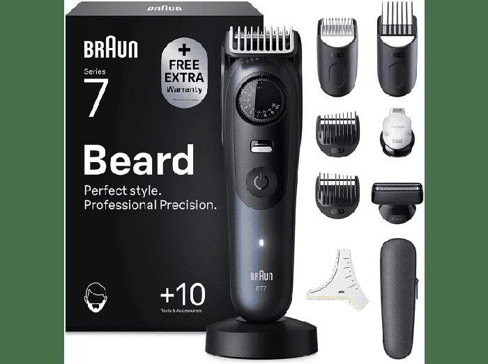 Regolabarba SERIES 7, lama ProBlade, tecnologia AutoSense, 40 impostazioni di lunghezza a intervalli di 0,5 mm, rifinitori di precisione, 1 stencil per barba, batteria di lunga durata - BRAUN