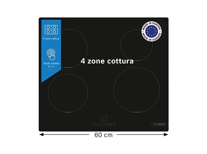 PUE611BB5J PIANO COTTURA A INDUZIONE, 4 zone di cottura, dimensioni: L 59,2 cm, P 52,2 cm, piano in Vetroceramica, Nero - BOSCH