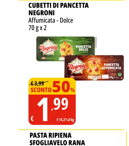 CUBETTI DI PANCETTA NEGRONI Affumicata - Dolce 70 g x 2