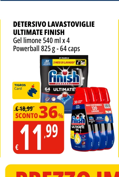 DETERSIVO LAVASTOVIGLIE ULTIMATE FINISH Gel limone 540 ml x 4 Powerball 825 g - 64 caps