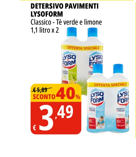 DETERSIVO PAVIMENTI LYSOFORM Classico - Tè verde e limone 1,1 litro x 2