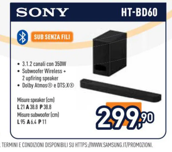 Home theatre Sony HT-BD60 con subwoofer wireless