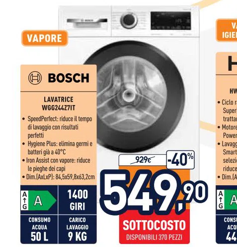 Bosch LAVATRICE Dim.AxLxP845x598x632cm DISPONIBILI370PEZZI