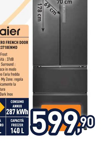 Haier FRIGORIFERO FRENCHDOOR HFR3718ENMD 287kWh